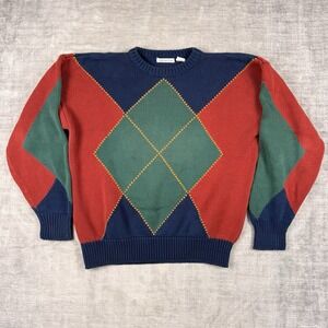Claiborne Sweater Men's Large Blue Vtg 90s Argyle Chunky Knit Preppy Grandpa